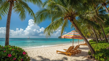 Serene Tropical Beach Paradise with Palm Trees and Lounge Chairs