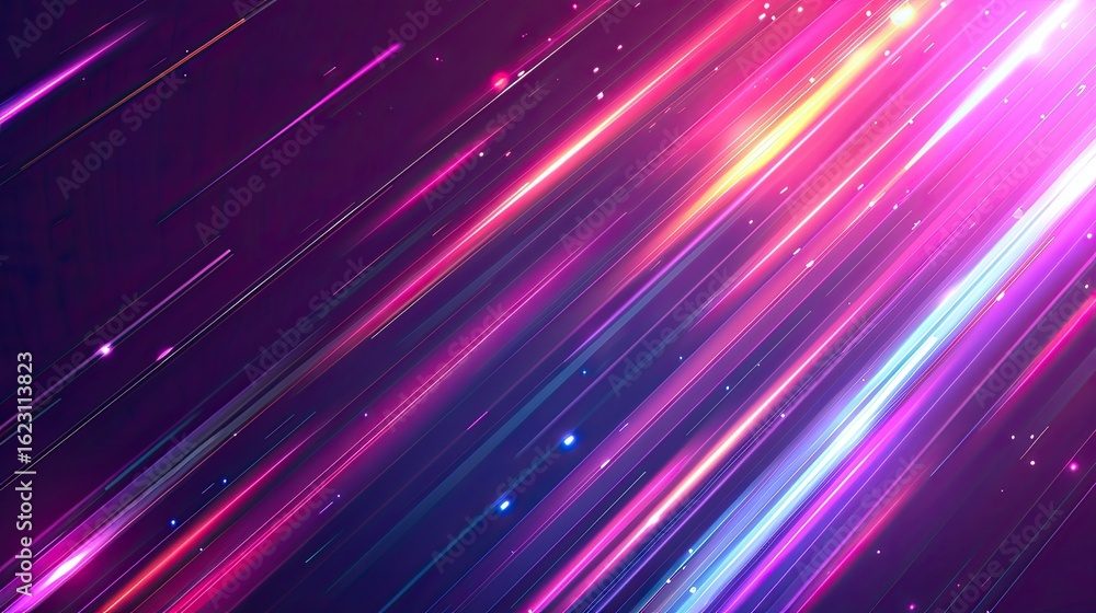 Poster vibrant abstract background with colorful light streaks and glowing particles.