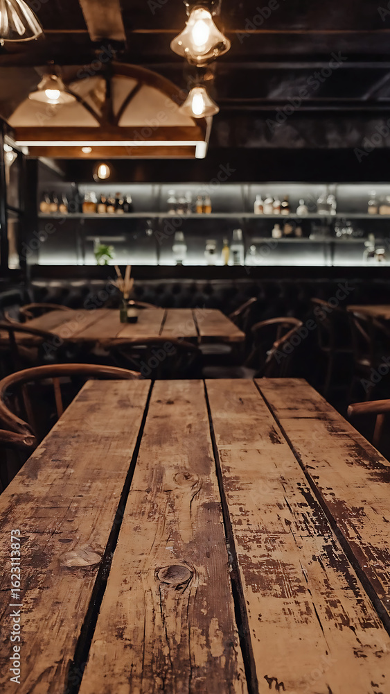 Aufkleber empty wooden table rustic and blurred background of bar or pub for product display high quality phot