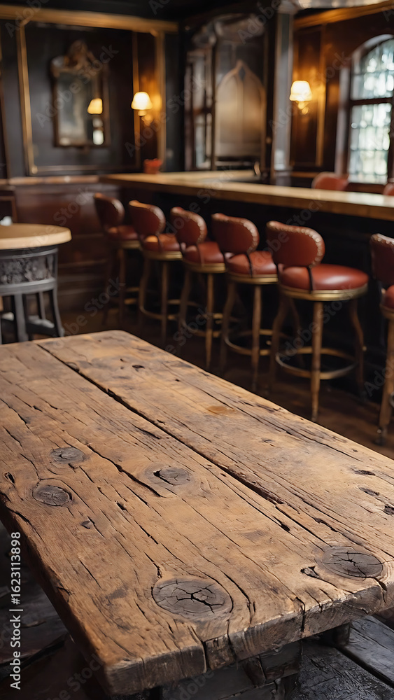 Aufkleber empty wooden table rustic and blurred background of bar or pub for product display high quality phot