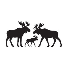 Fototapeta premium A majestic family of moose with large antlers standing together in a striking black silhouette against a white background representing nature and wildlife