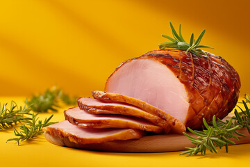Sliced glazed ham with rosemary sprigs on a wooden board against a yellow background sliced ham cooked ham
