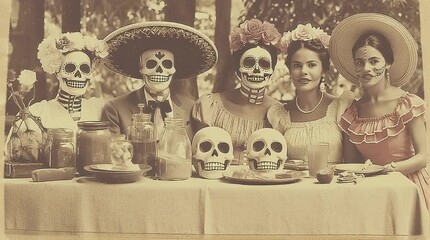 Group of people wearing skull masks and traditional Mexican clothing celebrating Day of the Dead with skulls and food on a table, vintage effect