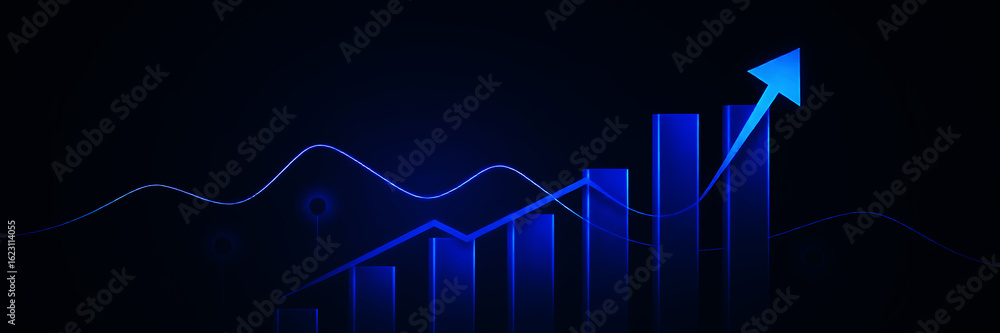 Aufkleber a blue upward trending bar graph with an arrow and a wavy line on a dark background image