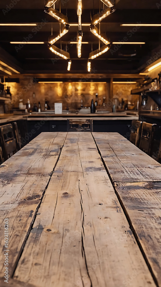 Aufkleber empty wooden table rustic and blurred background of bar or pub for product display high quality phot