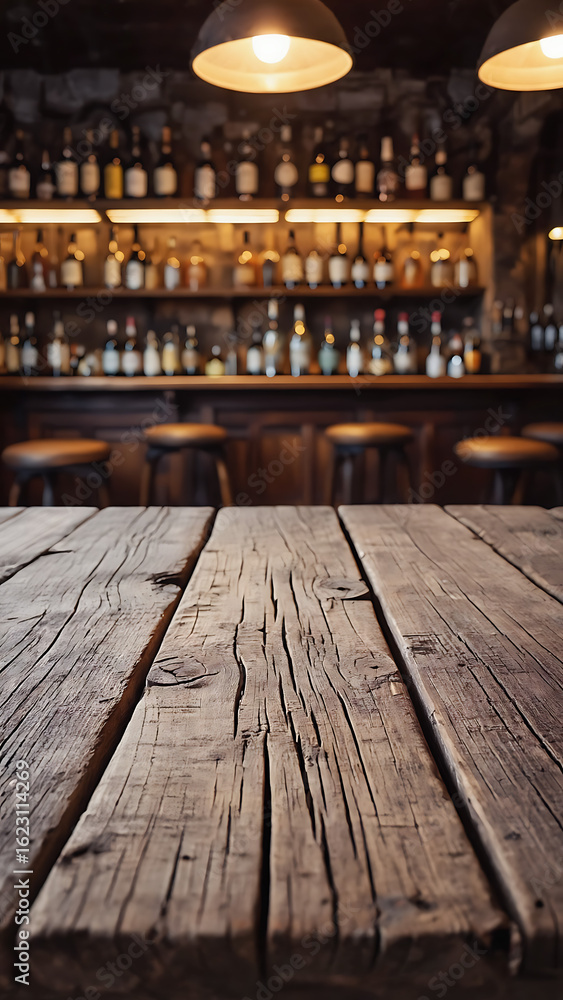 Aufkleber empty wooden table rustic and blurred background of bar or pub for product display high quality phot