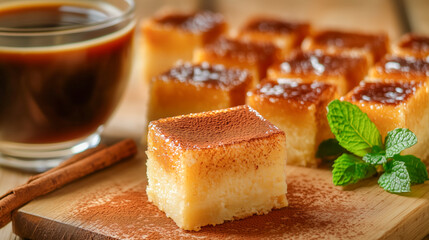 Delicious caramel flan squares paired with coffee on a wooden board.