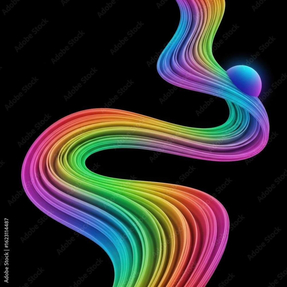 Poster vibrant spectral lines in fluid motion with illuminated orb on solid black