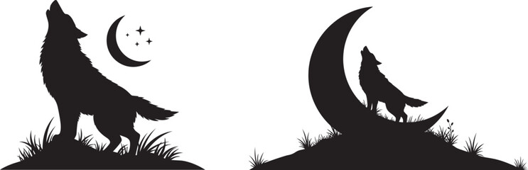 Silhouette of a howling wolf at the moon isolated on white background