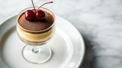 Elegant dessert in a glass topped with cherries on a marble surface.