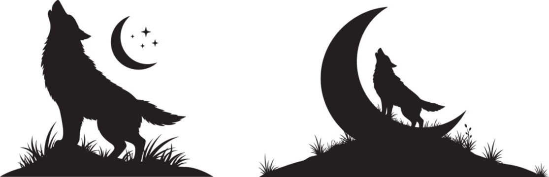 Silhouette of a howling wolf at the moon isolated on white background