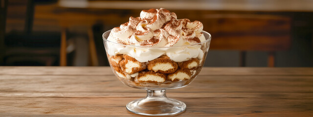 Close-up of a delicious tiramisu dessert in a glass bowl on wooden table.