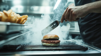 Chef grilling burger patty in smoky kitchen setting.