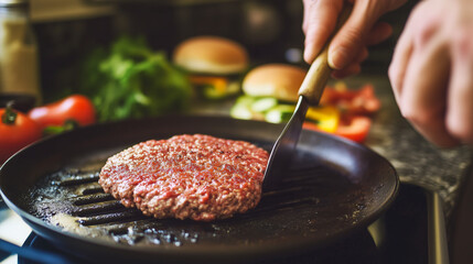 Person grilling a beef patty on a skillet with burgers in the background.