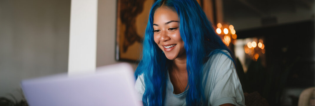 Happy African American woman in creative remote job on video call – flexible work culture and diverse team collaboration, lesbian with blue hair	 - Powered by Adobe
