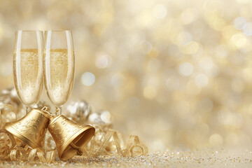 Champagne Glasses and Golden Bells Celebration