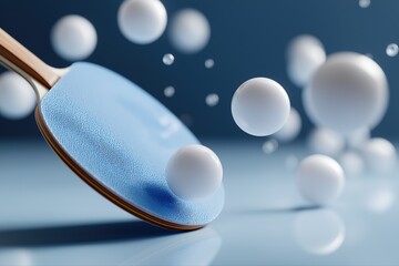 Table tennis paddle and balls in motion against blue background