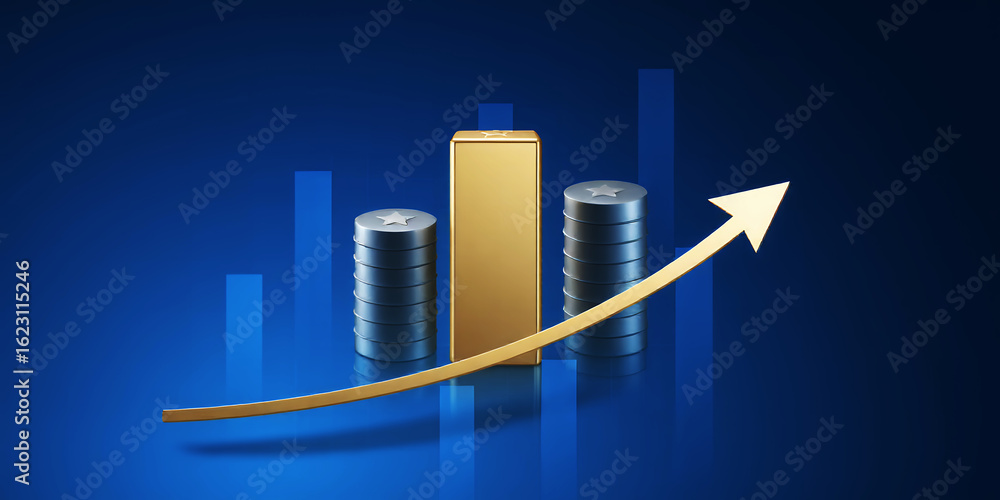 Poster stacks of coins with star and gold bar with arrow pointing up on a blue background graph bars