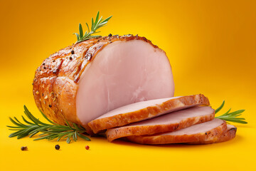Sliced roasted ham with rosemary and peppercorns on a bright yellow background sliced ham pork