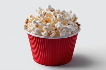 Red cup filled with fresh popcorn on white background
