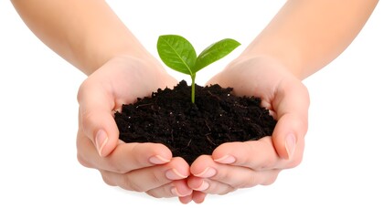 Hands holding seedling with soil, new life concept, nature, growth, gardening
