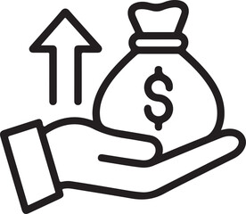 Hand holding money bag with upward arrow symbolizing financial growth and investment success