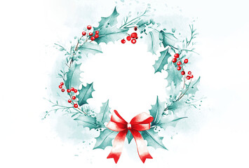 Watercolour  Christmas wreath made of holly and red berries, with a ribbon bow