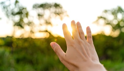 Reaching Hand Towards Bright Sunlight, Summer Sunset Nature Scenery Background