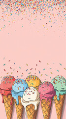 Colorful Ice Cream Cones with Sprinkles on Pink Background