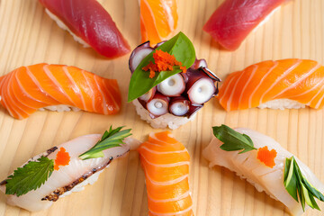 Gourmet Sushi Platter: Assorted Fresh Seafood, Vibrant Colors, Elegant Food Presentation