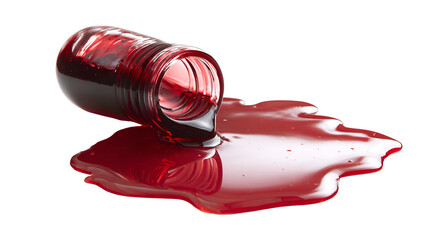 Red liquid spills from bottle dark background