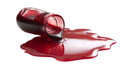 Red liquid spills from bottle dark background