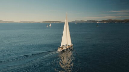 Obraz premium Aerial View of Sailboat on Calm Ocean with Distant Shoreline