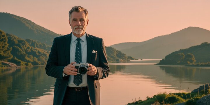 Mature Man Photographer at Sunset Lakeside Landscape - Powered by Adobe