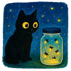 Glass Jar Full of Fireflies Beside a Black Cat
