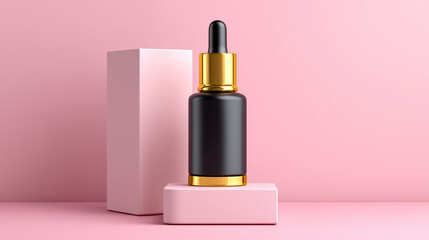 Black glass dropper bottle with gold accents on pink pedestal and background serum bottle cosmetic bottle