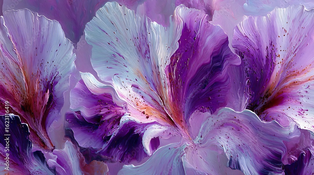 Poster a vibrant floral artwork showcases dynamic purple blooms using fluid shapes, creating depth and move