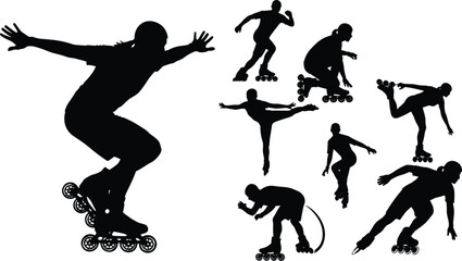 Silhouettes of roller skaters performing tricks, dynamic balance poses, active lifestyle concept, inline skating art, fitness movement, black vector illustration