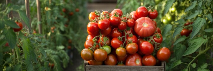 Abundant Harvest Ripe Tomatoes in Wooden Crate at Farm