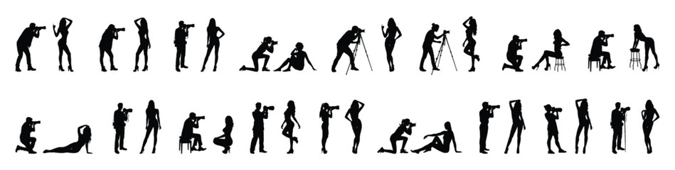 Silhouette of group photographers with camera and group sexy female models in different poses in row vector set collection.