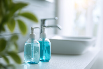 Two clear plastic pump bottles filled with blue liquid hand sanitizer on a white surface with a blurred bathroom sink and faucet in the background