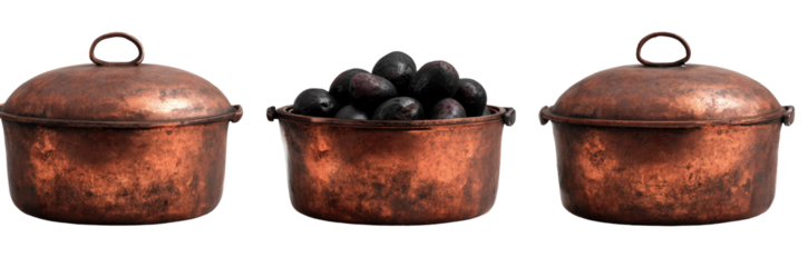 Three antique copper pots with lids, one filled with dark fruit