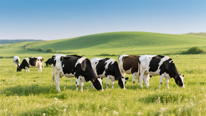 Herd of black and white dairy cows grazing on green pasture with rolling hills under clear blue sky on sunny day