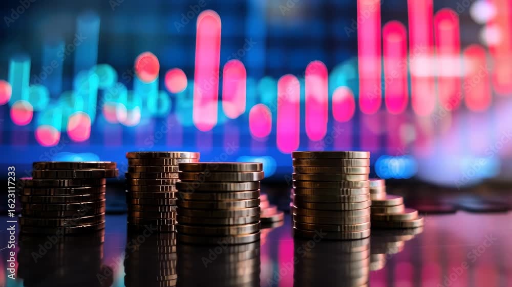 Poster stacks of coins in front of a colorful digital graph showing market changes, highlighting financial 