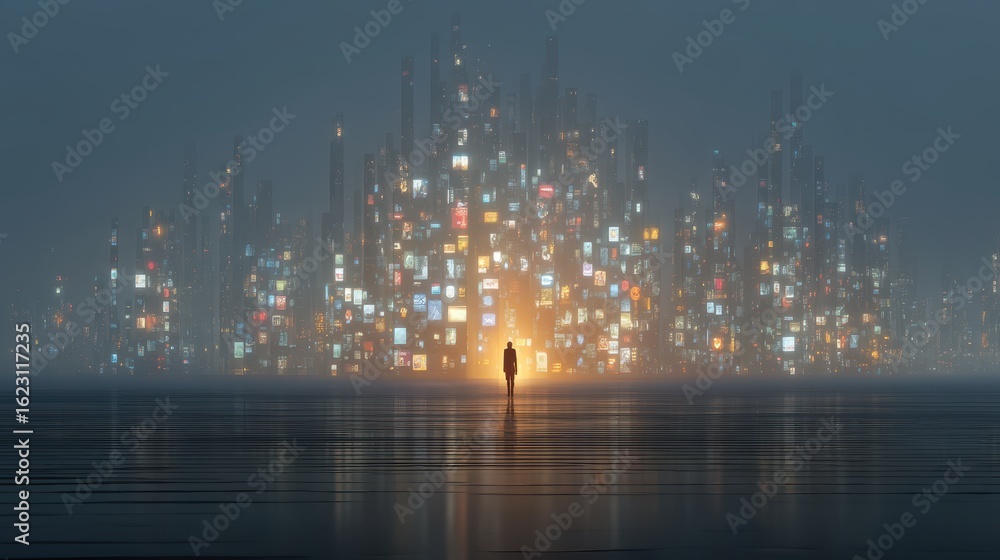 Poster lonely figure stands in an abstract city of apps and alerts amid towering information structures at 
