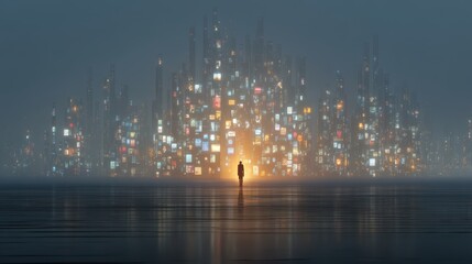 Fototapeta premium Lonely figure stands in an abstract city of apps and alerts amid towering information structures at dusk