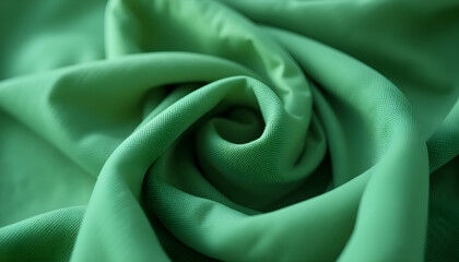 "Green Fabric Rose Pattern, Soft Textile Folds in Spiral Shape, Abstract Fabric Texture Background"