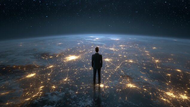 A man in a dark suit standing on the Earth, surrounded by glowing connections to other parts of the planet. The background is a night sky with stars and distant lights from cities.