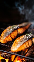 Grilled salmon fillets on a barbecue grill, with smoke rising and herbs sprinkled on top, showcasing a delicious and appetizing cooking process for seafood lovers