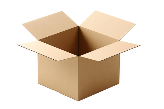 Isolated opened packaging cardboard box in close-up on a transparent background.
